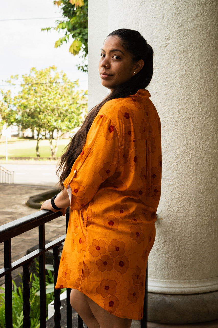 Hibiscus Heaven Long Roll-Up Sleeve Shirt Dress