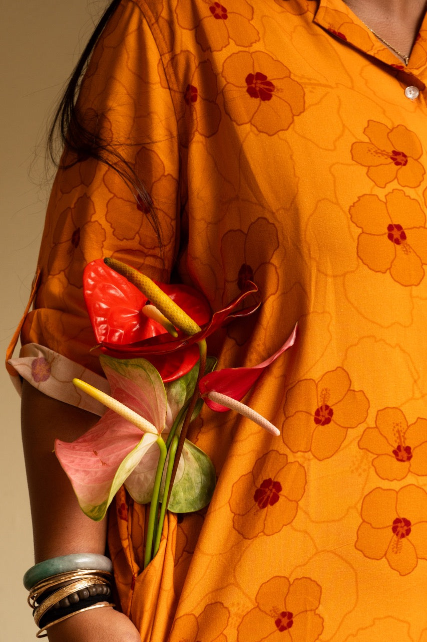 Hibiscus Heaven Long Roll-Up Sleeve Shirt Dress