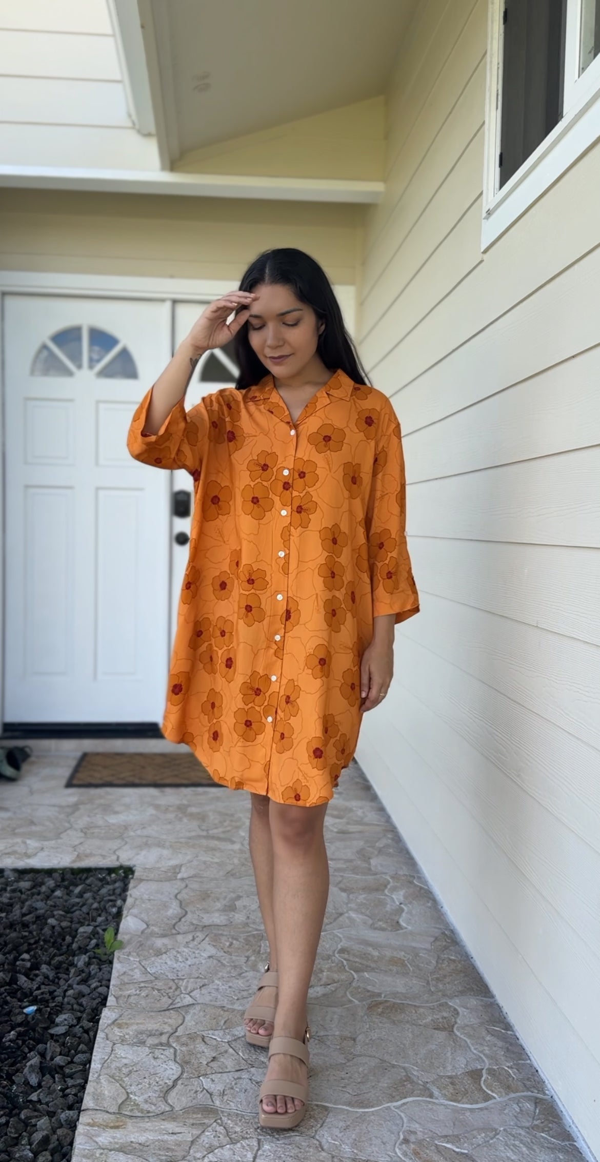 Hibiscus Heaven Long Roll-Up Sleeve Shirt Dress