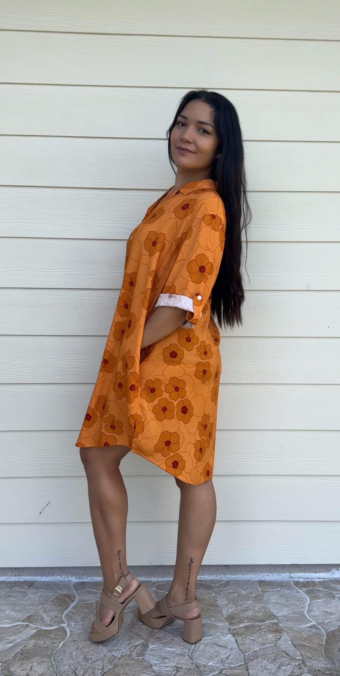 Hibiscus Heaven Long Roll-Up Sleeve Shirt Dress