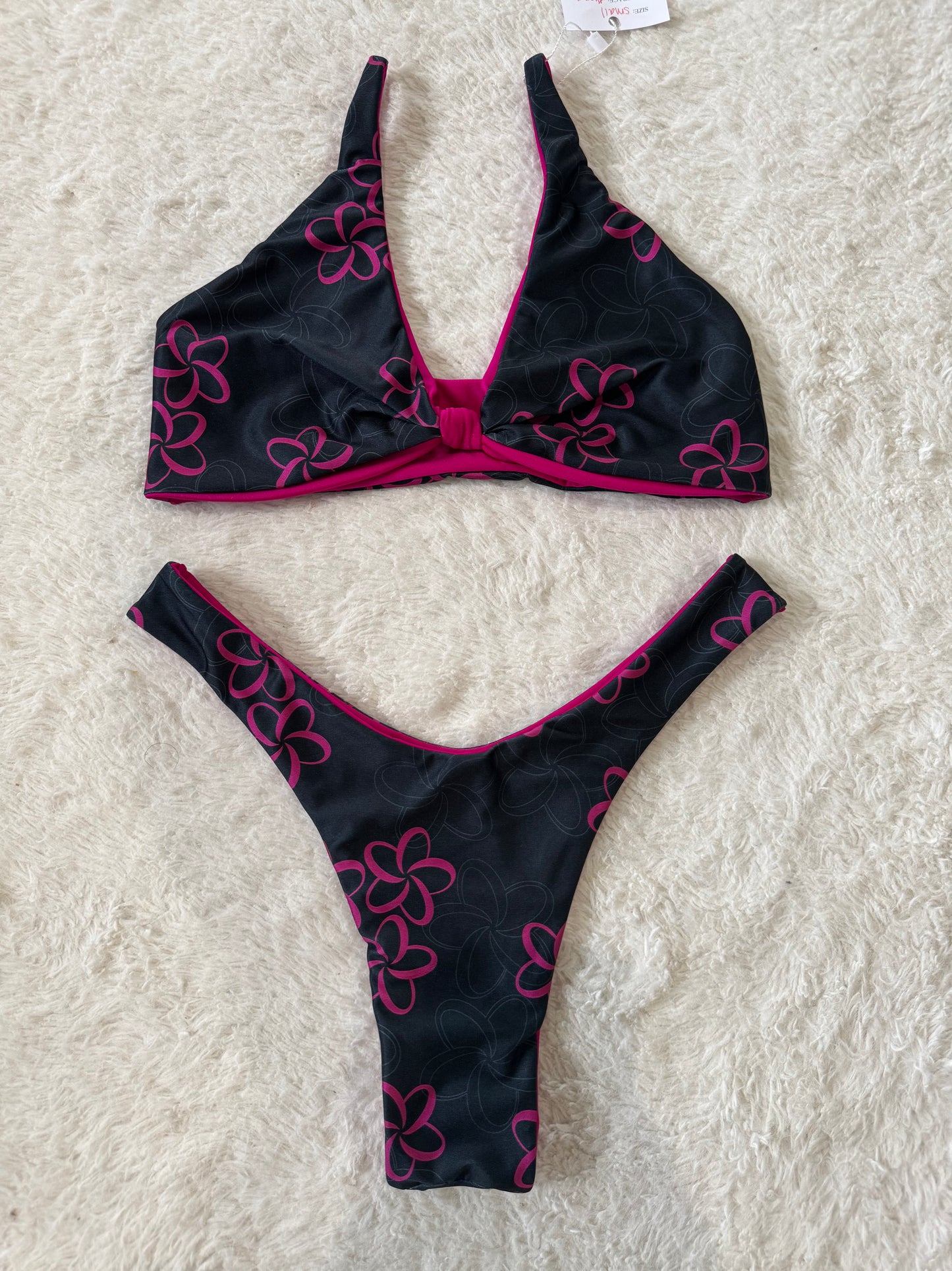 Pink & Black Plumeria Knotted Top & High Hip Bottoms Set - S