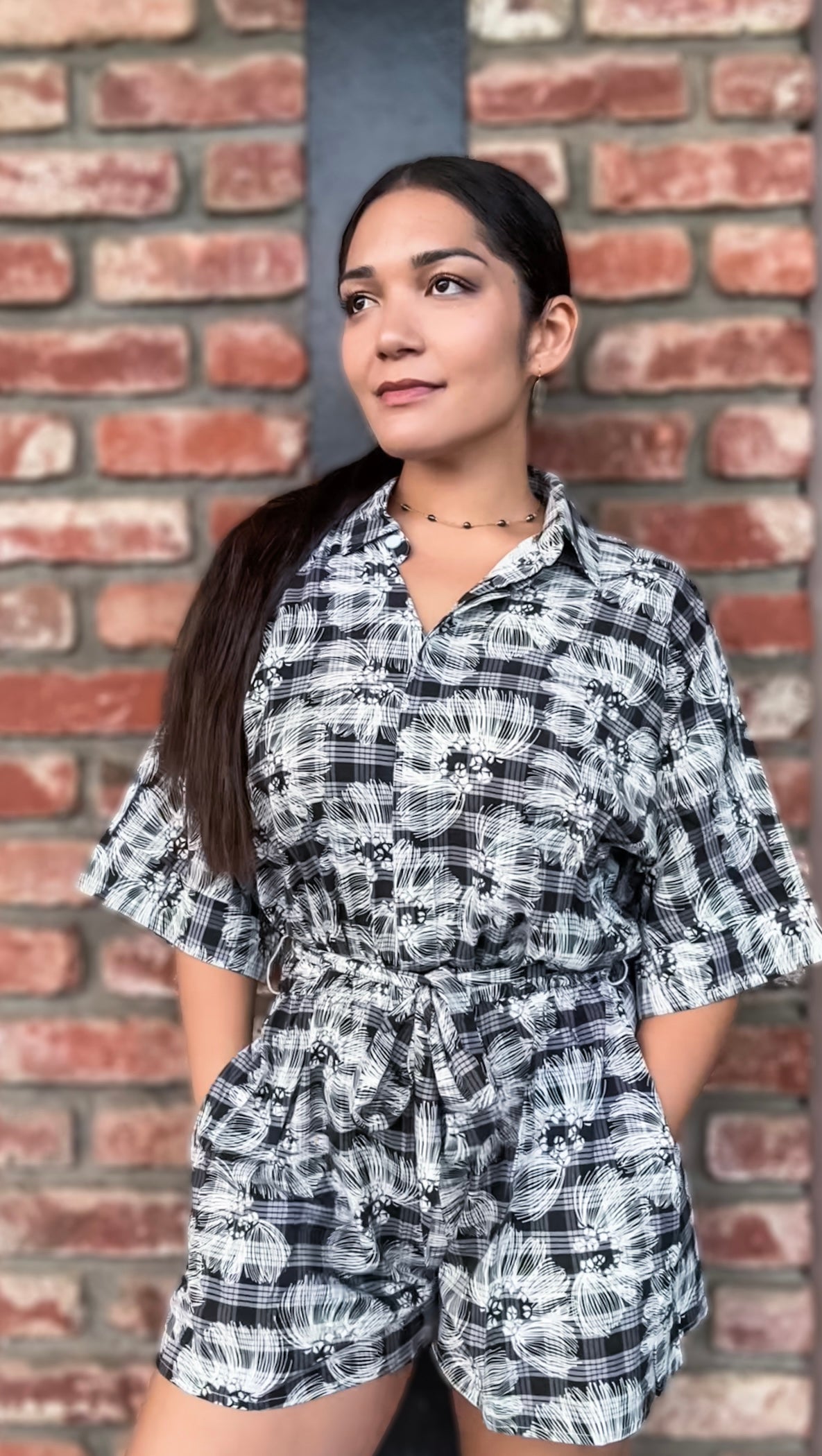 Lehua X Palaka Romper w/ Waist Tie - Black