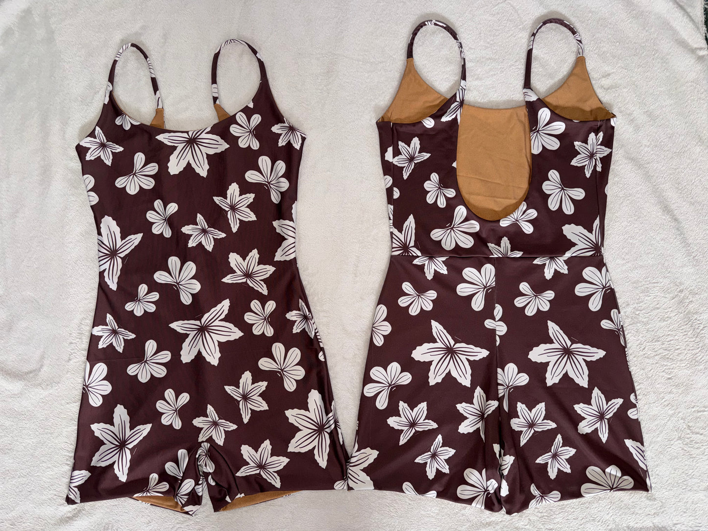 Brown Naupaka Stamps Scoop Back Playsuit - L & XL