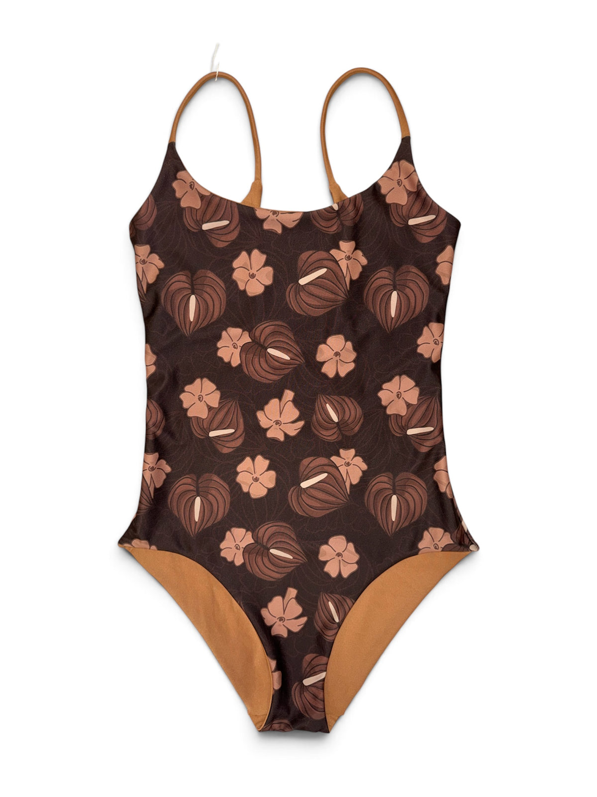 Brown Moody Puakenikeni Anthurium Scoop Back One Piece - XXL