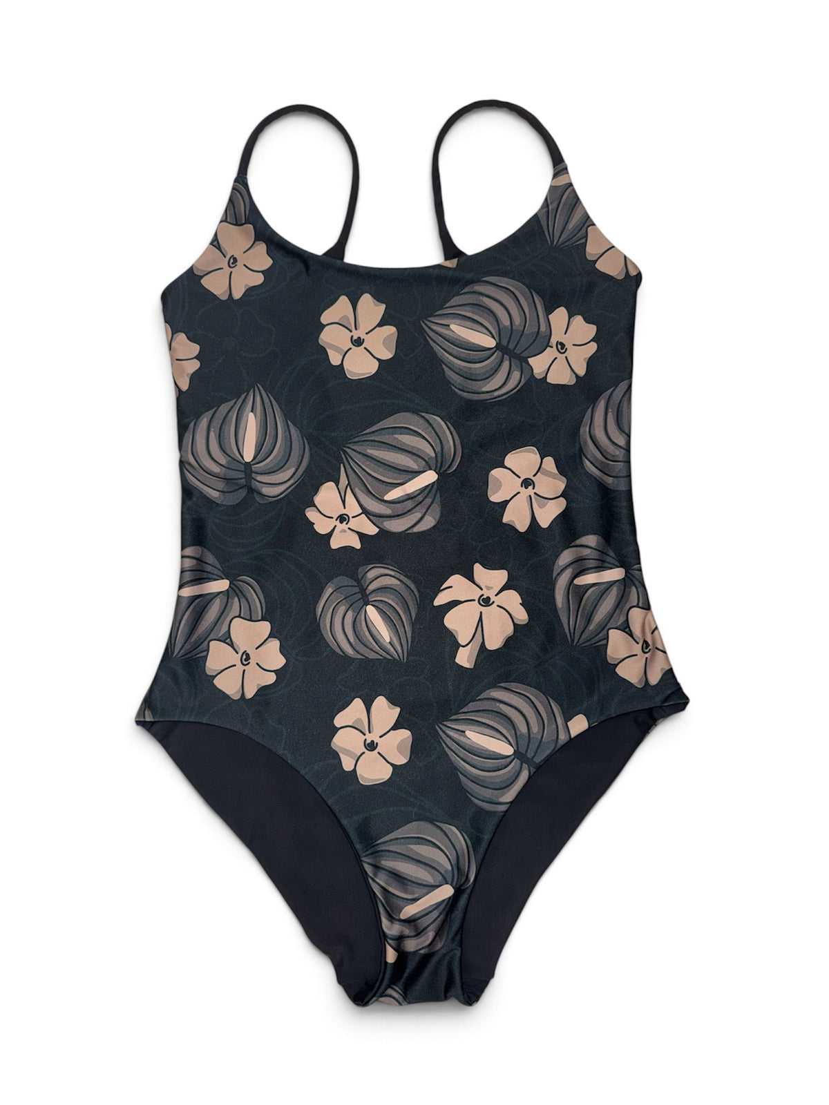 Black Moody Puakenikeni Anthurium Scoop Back One Piece - XS, S, L
