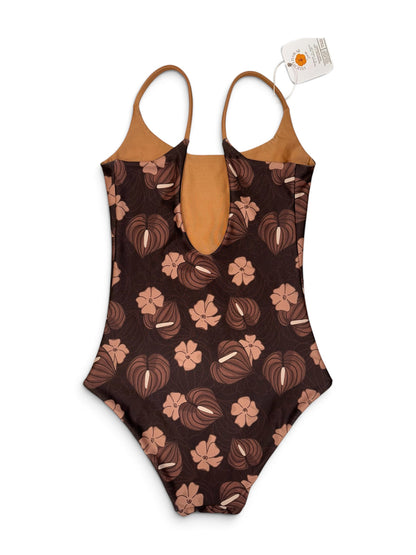 Brown Moody Puakenikeni Anthurium Scoop Back One Piece - XXL