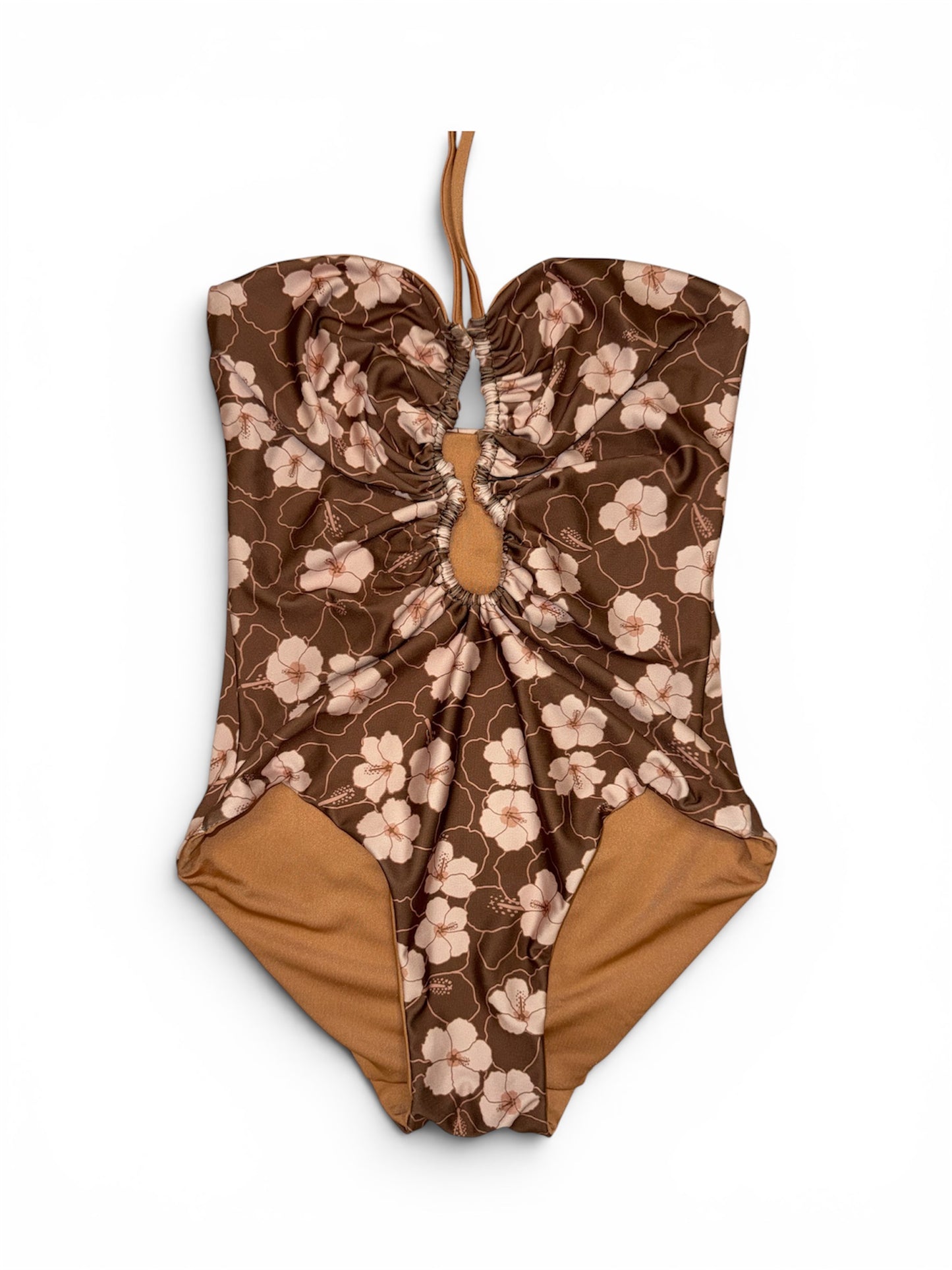 Brown Hibiscus Multi-Way Plunge One Piece - M & L