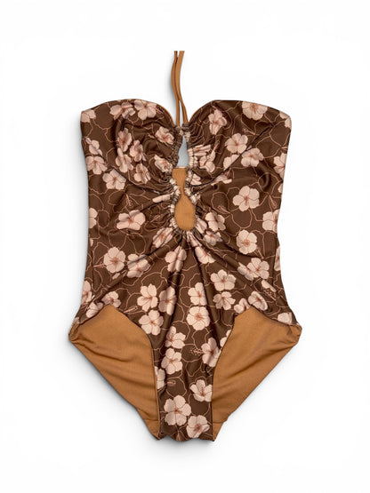 Brown Hibiscus Multi-Way Plunge One Piece - M & L