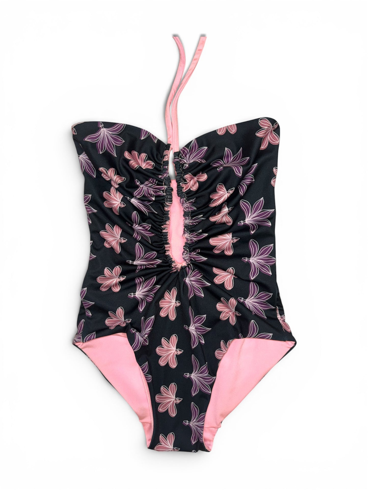 Pink & Black Naupaka Multi-Way Plunge One Piece - S