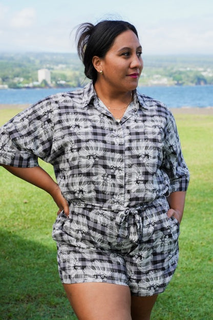 Lehua X Palaka Romper w/ Waist Tie - Black