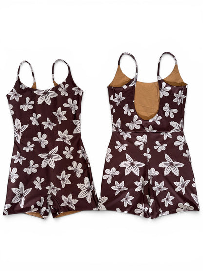 Brown Naupaka Stamps Scoop Back Playsuit - M, L, & XL