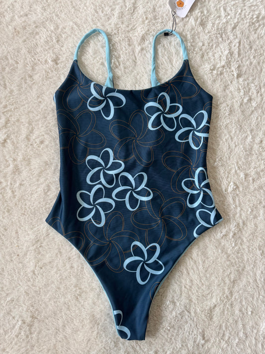 Navy Plumeria Scoop Back One Piece - M