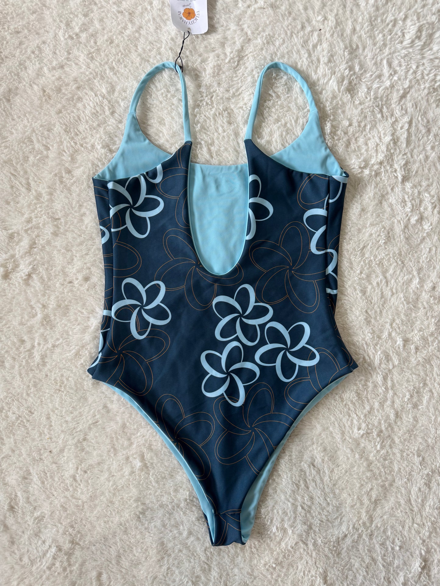 Navy Plumeria Scoop Back One Piece - M