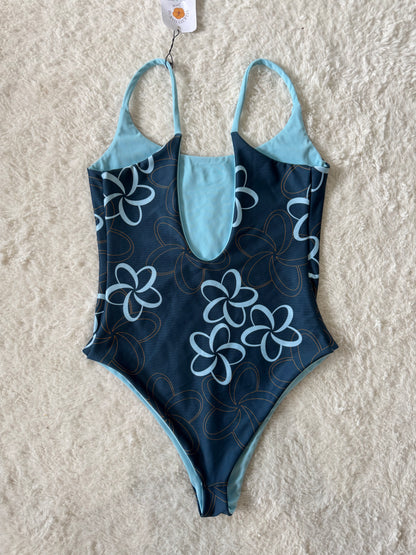 Navy Plumeria Scoop Back One Piece - M