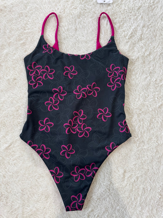 Pink & Black Plumeria Scoop Back One Piece - M