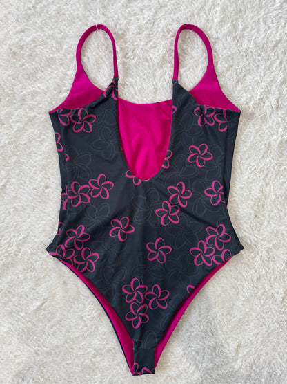 Pink & Black Plumeria Scoop Back One Piece - M