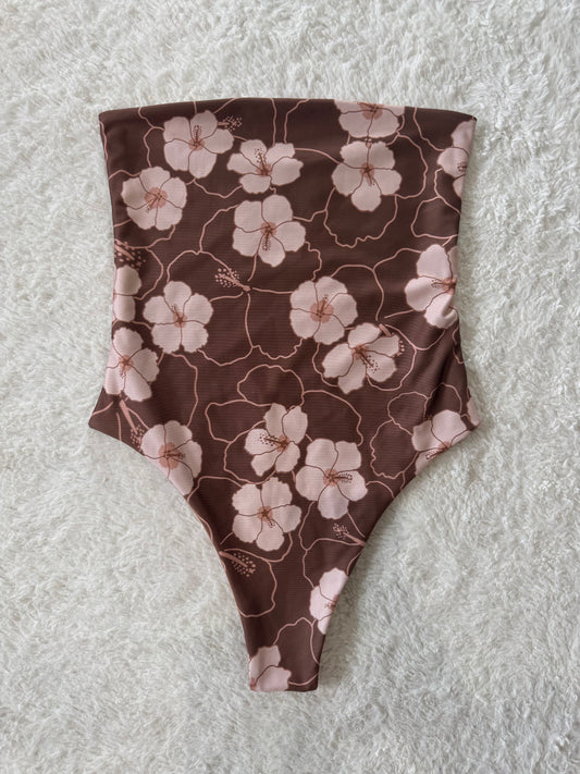 Brown Hibiscus Strapless One Piece - S