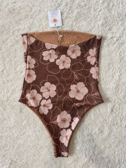 Brown Hibiscus Strapless One Piece - S