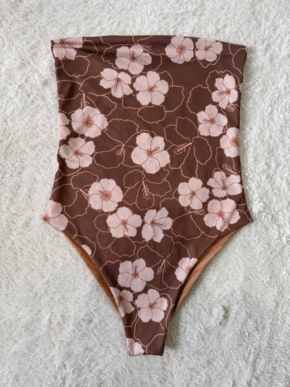 Brown Hibiscus Strapless One Piece - L