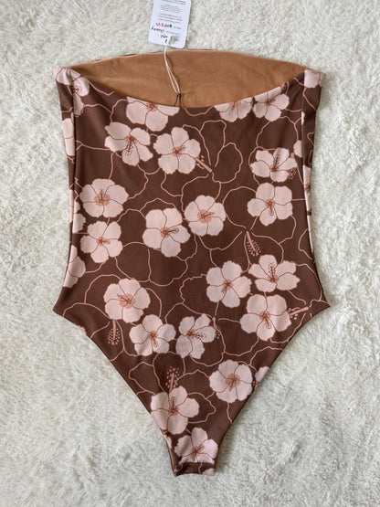Brown Hibiscus Strapless One Piece - L