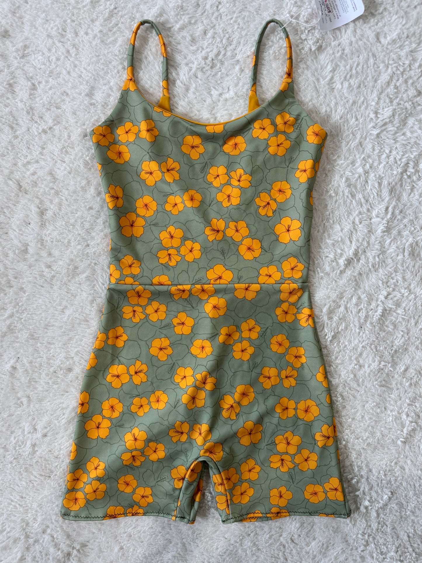 Green & Yellow Hibiscus Scoop Back Playsuit - XS