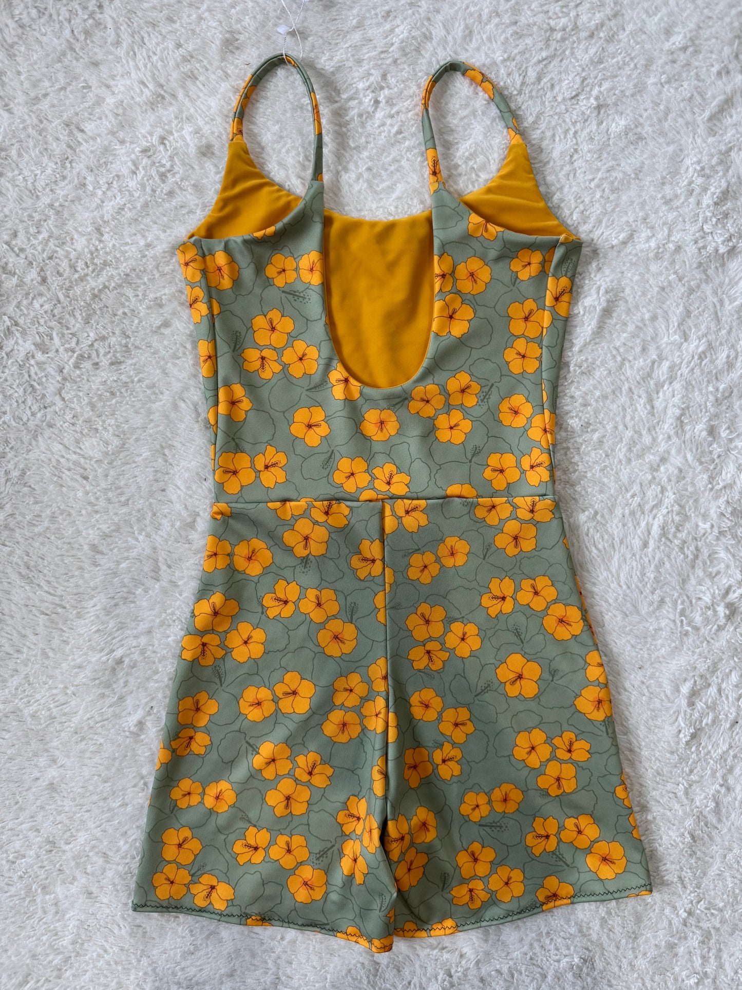 Green & Yellow Hibiscus Scoop Back Playsuit - XS