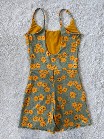 Green & Yellow Hibiscus Scoop Back Playsuit - XS