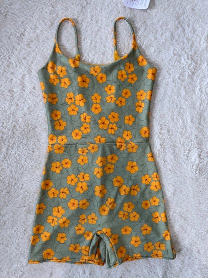 Green & Yellow Hibiscus Scoop Back Playsuit - S