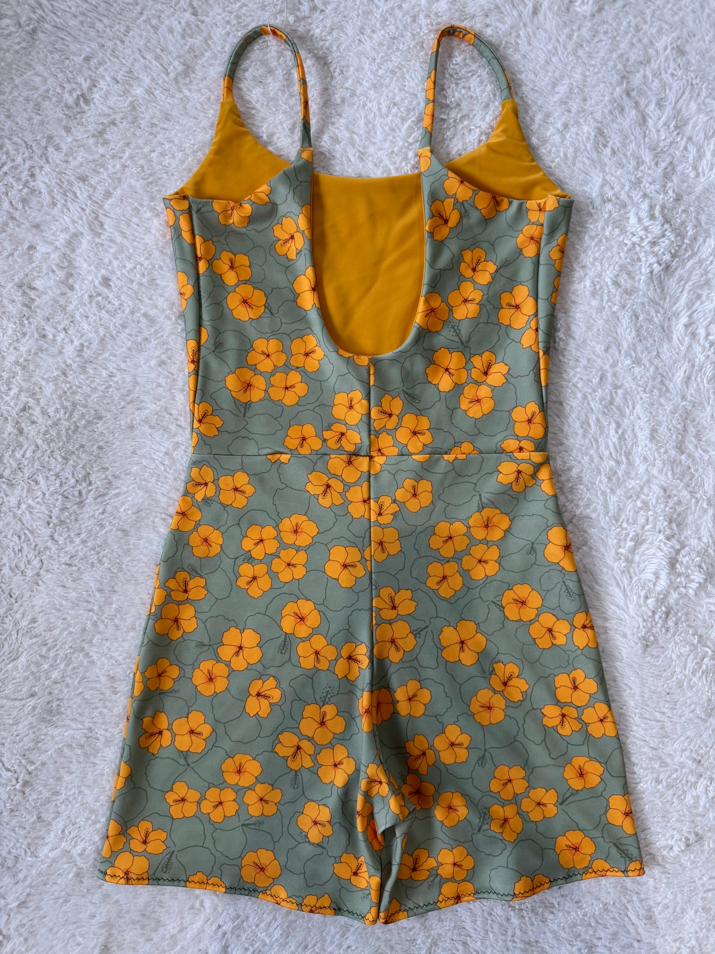 Green & Yellow Hibiscus Scoop Back Playsuit - S