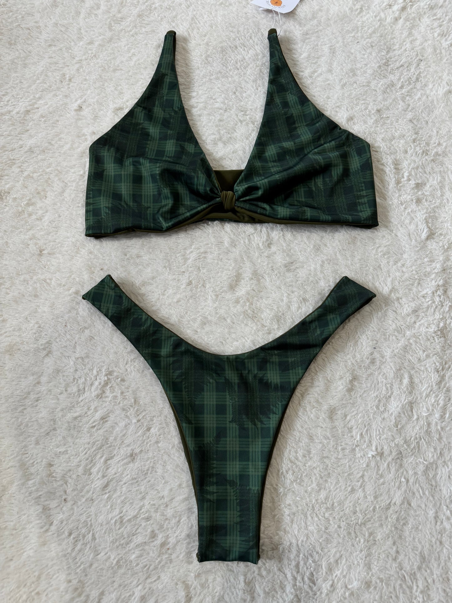 Green Fern Palaka Knotted Top & High Hip Bottoms Set - XL