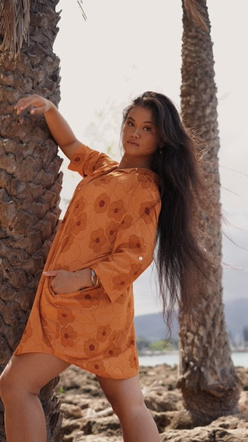 Hibiscus Heaven Long Roll-Up Sleeve Shirt Dress
